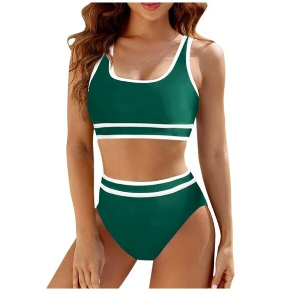 Blooming Jelly Color Block High-Waisted Bikini Set | Size L | NWT | Green White - Picture 2 of 3